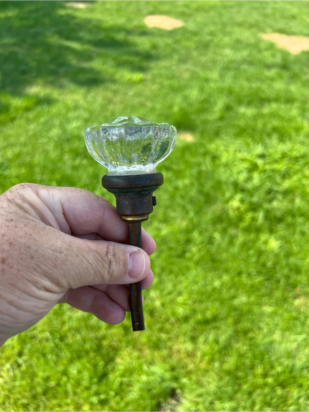 Antique Clear Glass Floral Doorknob with Brass and Patina Metal Stem